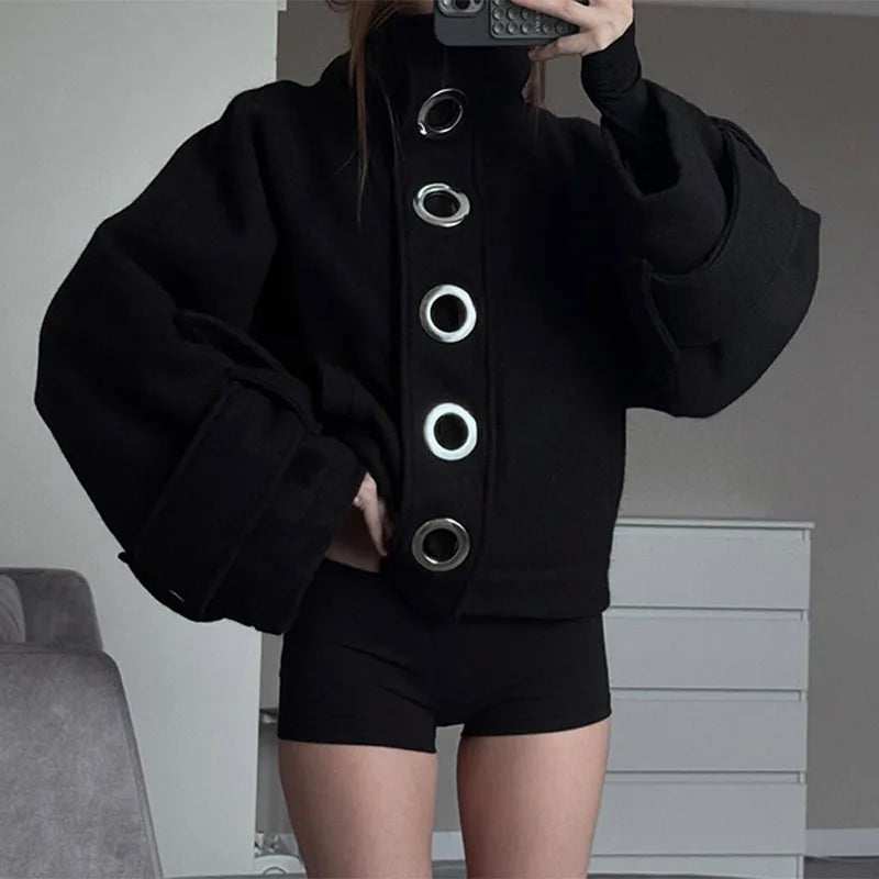 Button Detail Hooded Sweatshirt