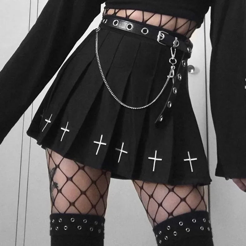 Cross Print Pleated Mini Skirt