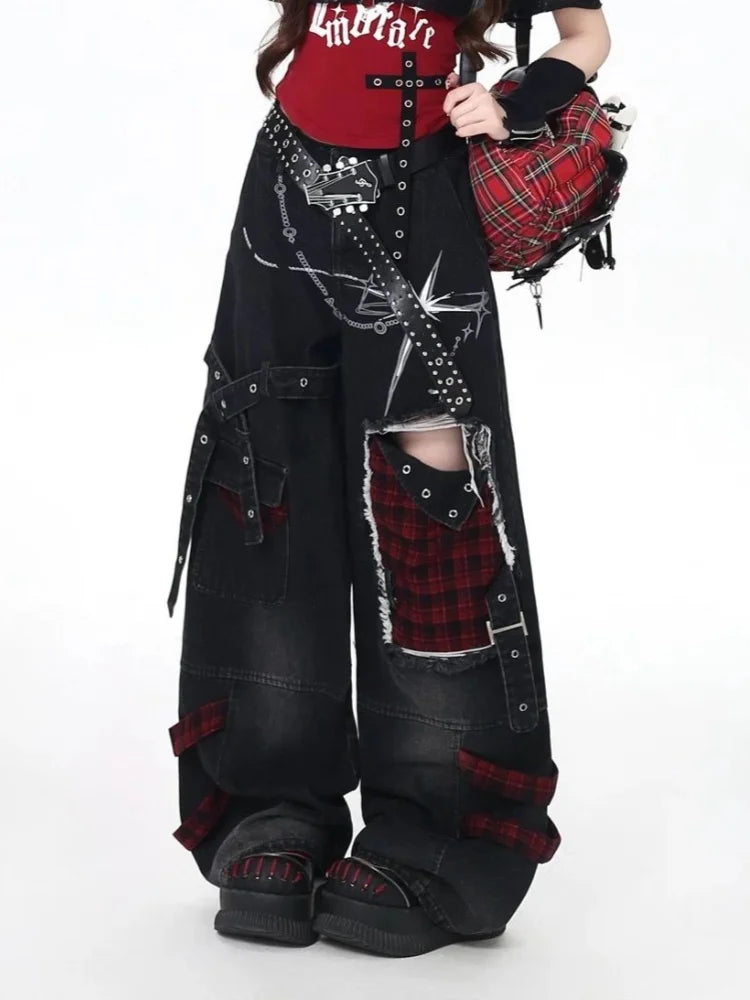 Plaid Patchwork Wide-Leg Pants