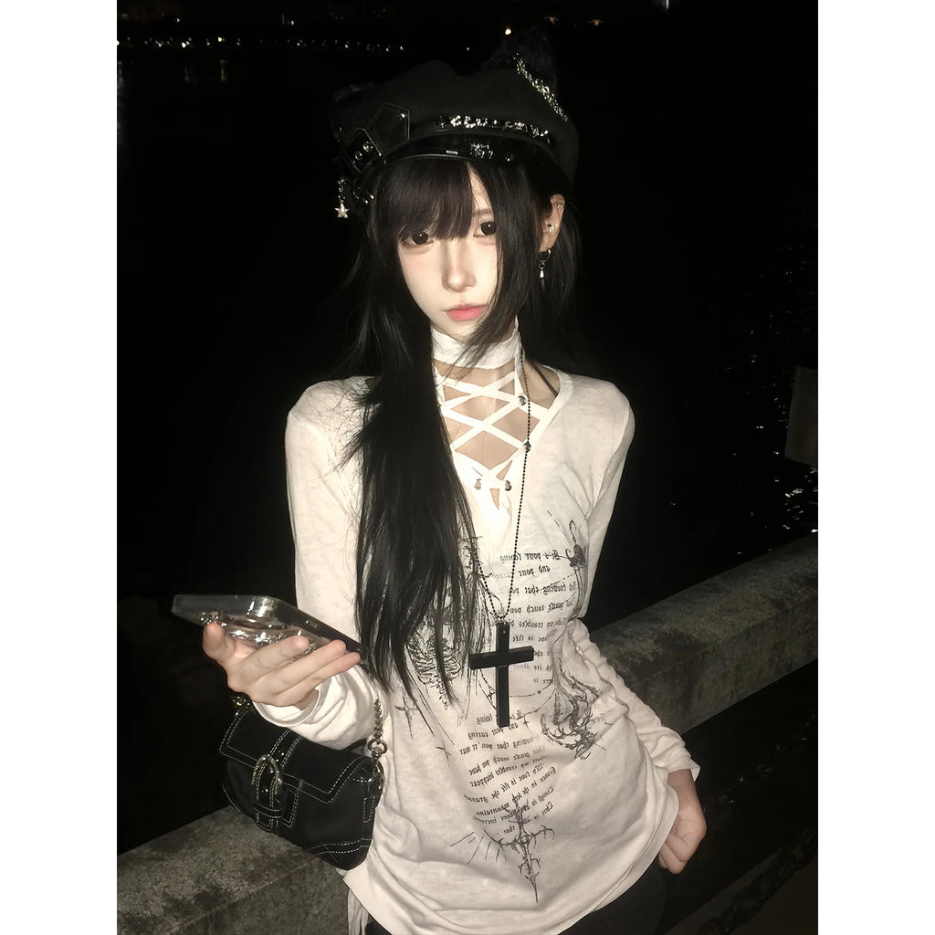 Lace-Up Print Long Sleeve Top