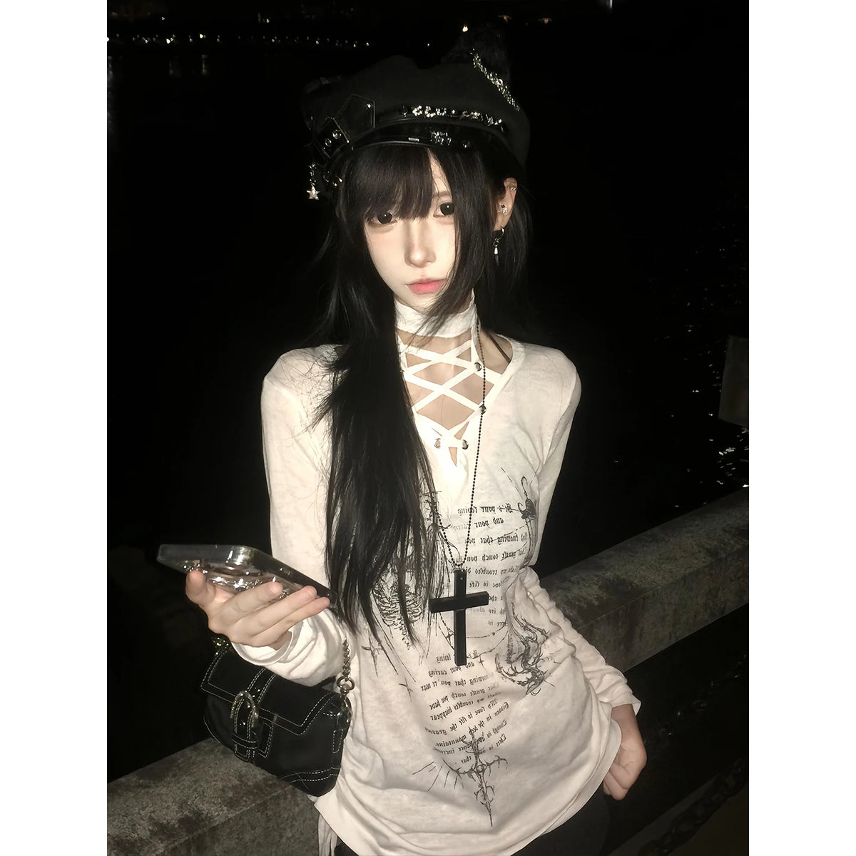 Lace-Up Print Long Sleeve Top