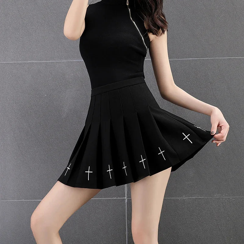 Cross Print Pleated Mini Skirt