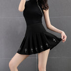 Cross Print Pleated Mini Skirt