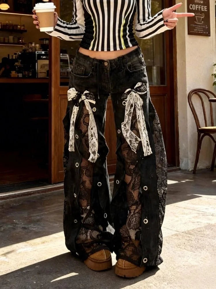 Lace Patchwork Wide-Leg Pants