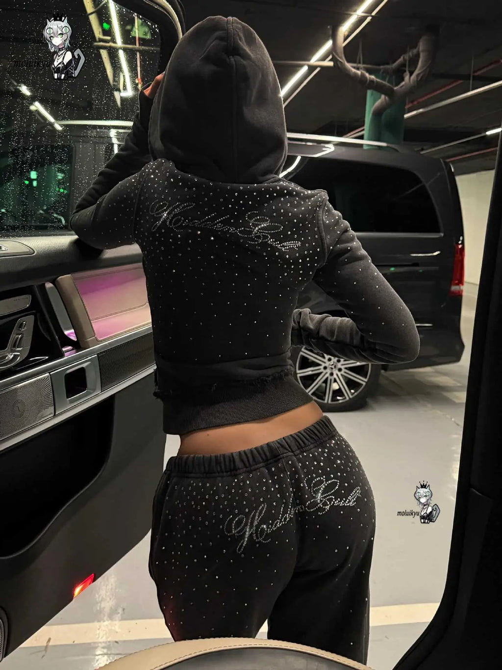 Rhinestone Cropped Zip-Up Hoodie