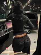 Rhinestone Cropped Zip-Up Hoodie