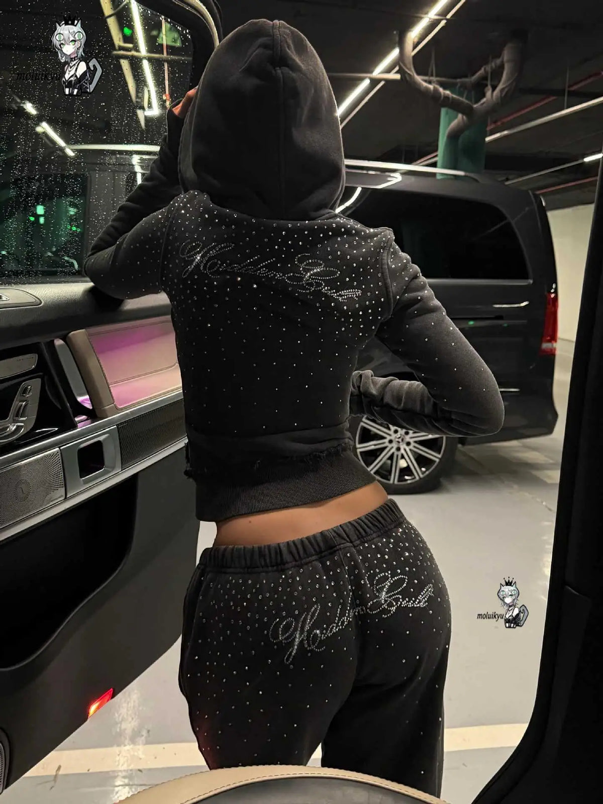 Rhinestone Cropped Zip-Up Hoodie
