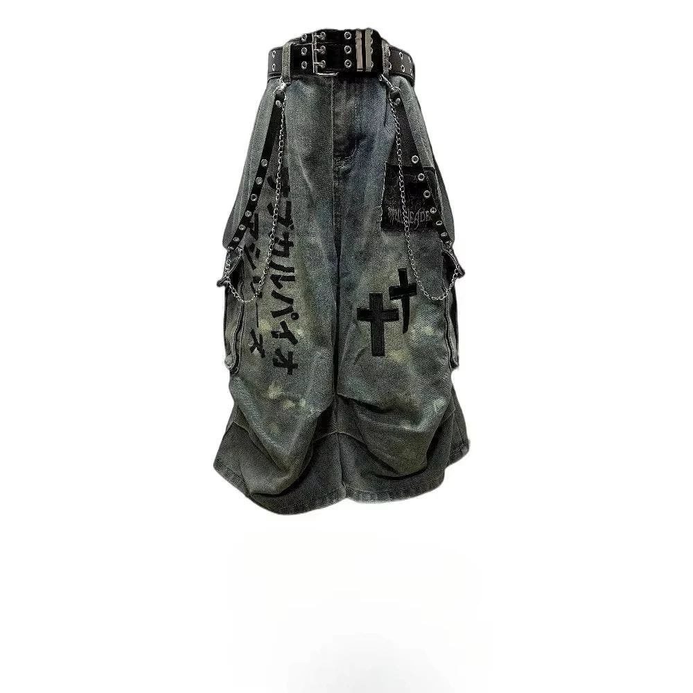Cross Print Denim Jorts