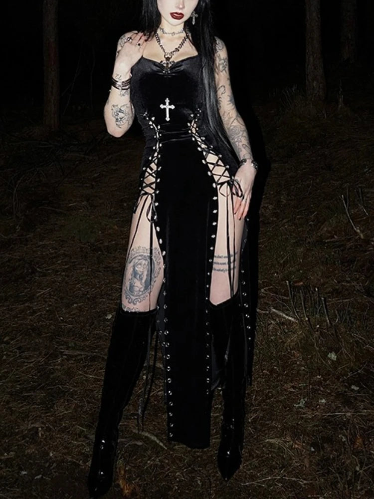 Velvet Lace-Up Maxi Dress