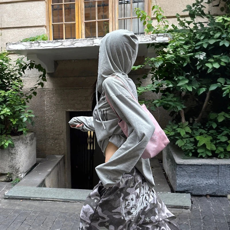 Grey Hooded Long Sleeve Top