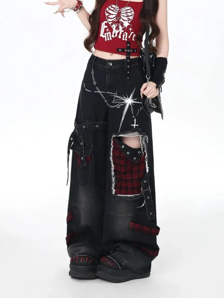 Plaid Patchwork Wide-Leg Pants