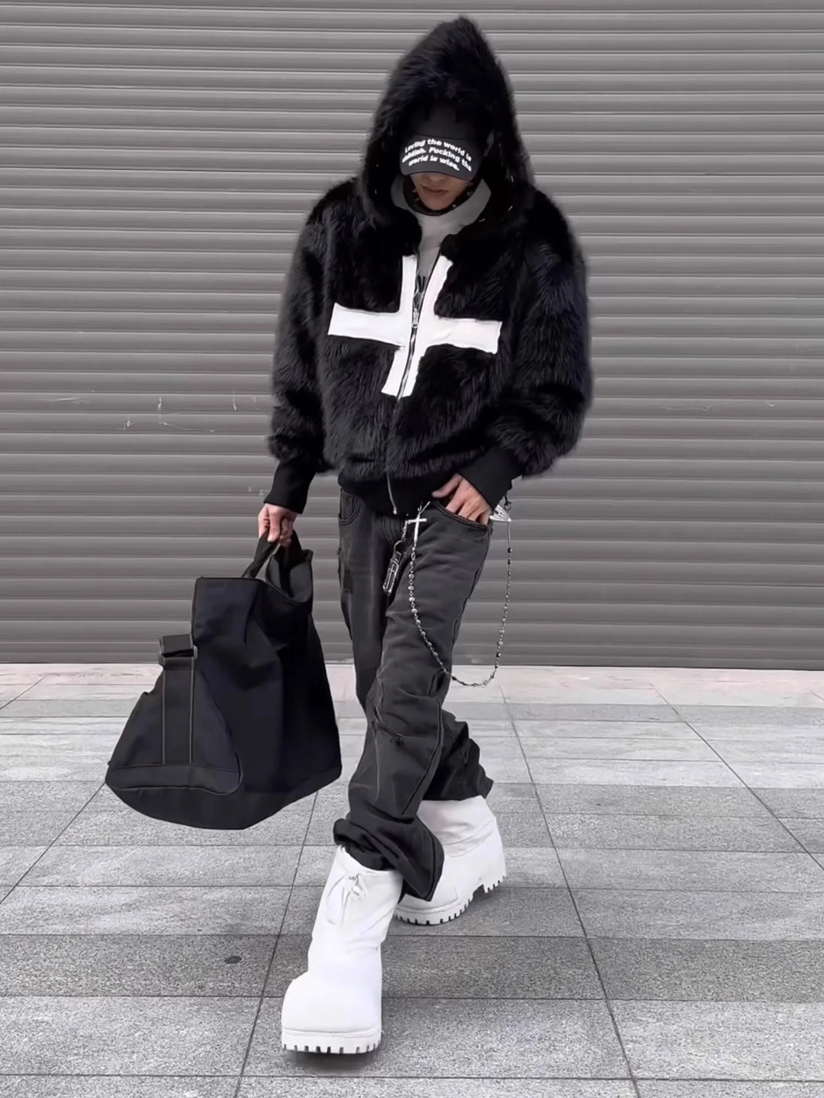 Faux Fur Cross Hooded Coat