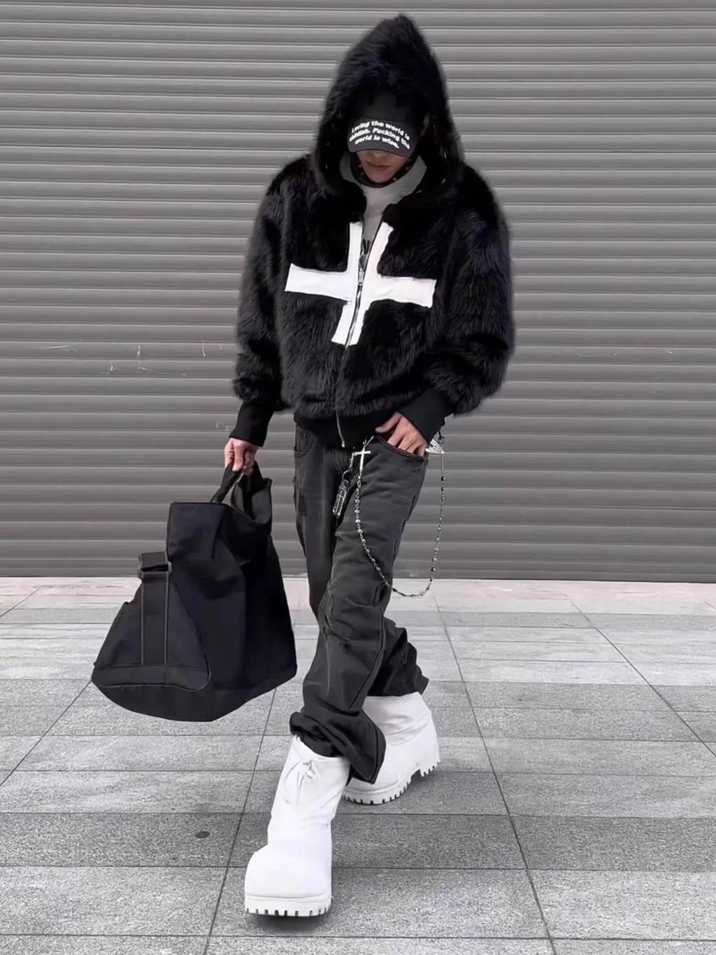 Faux Fur Cross Hooded Coat