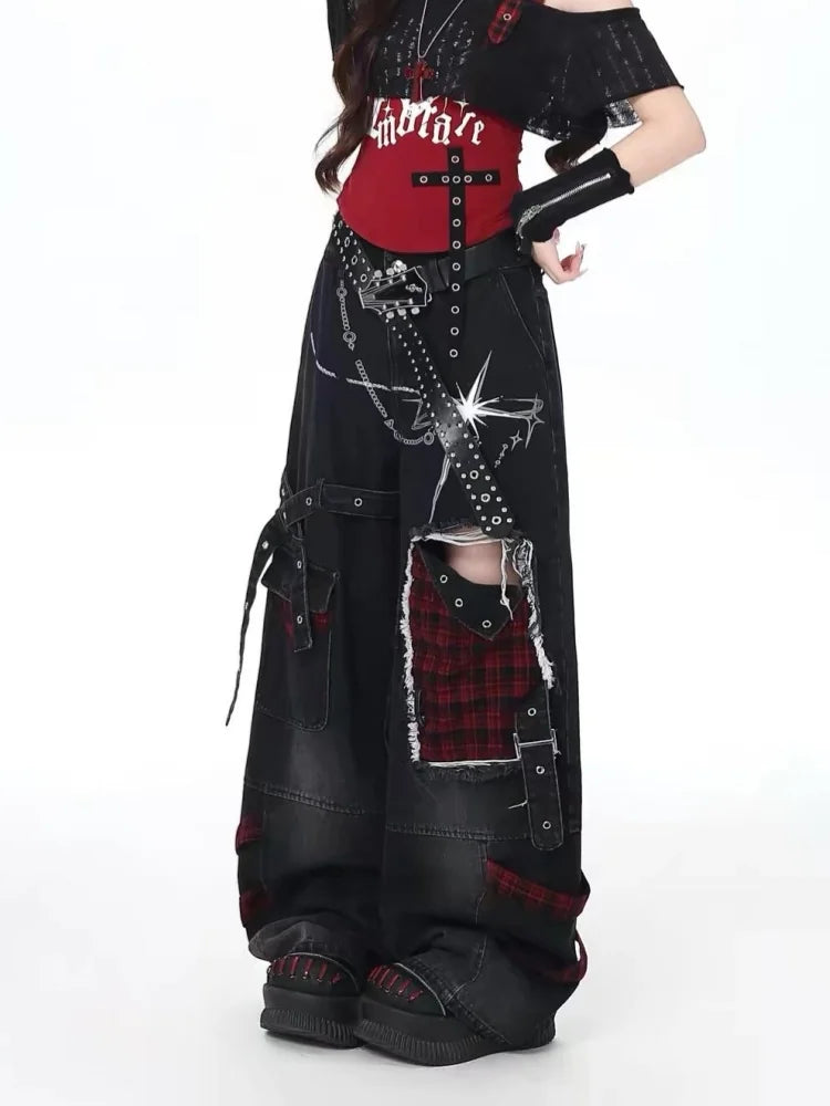 Plaid Patchwork Wide-Leg Pants