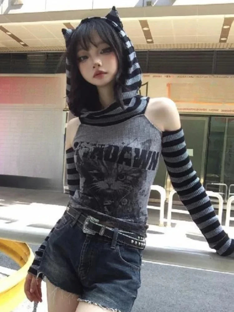 Striped Cat Print Hoodie