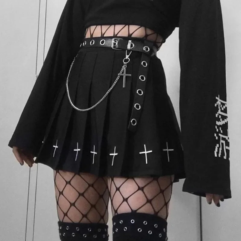Cross Print Pleated Mini Skirt