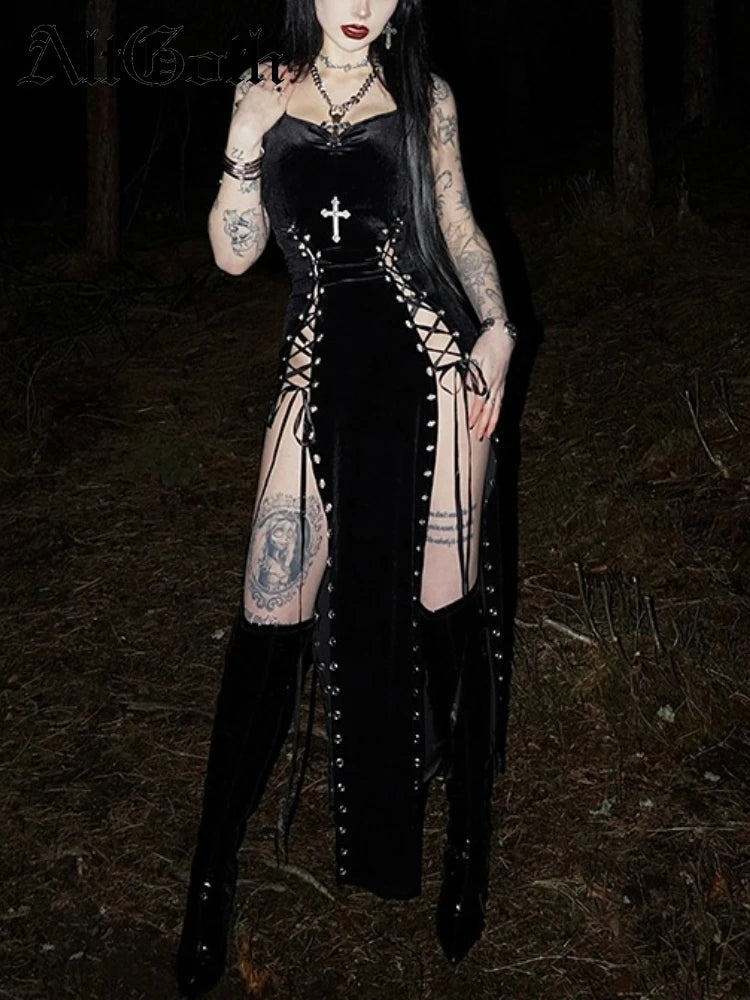Velvet Lace-Up Maxi Dress