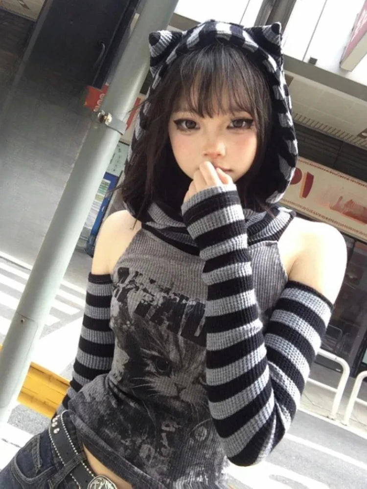 Striped Cat Print Hoodie