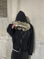 Black Faux Fur Hooded Jacket