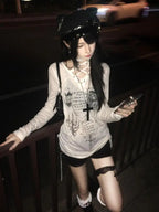Lace-Up Print Long Sleeve Top