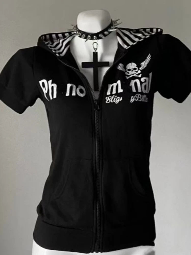 Y2K Skull Print Zip-Up Hoodie