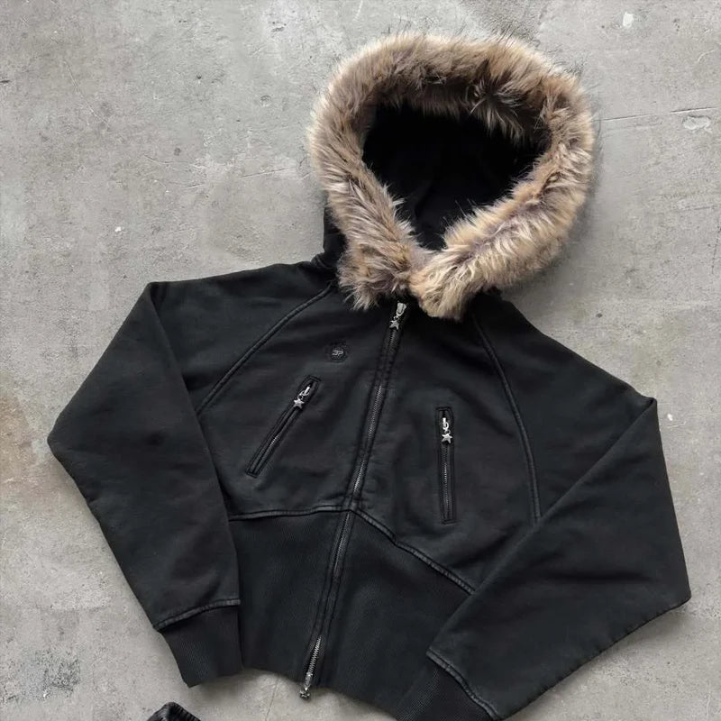 Faux Fur Collar Zip Jacket