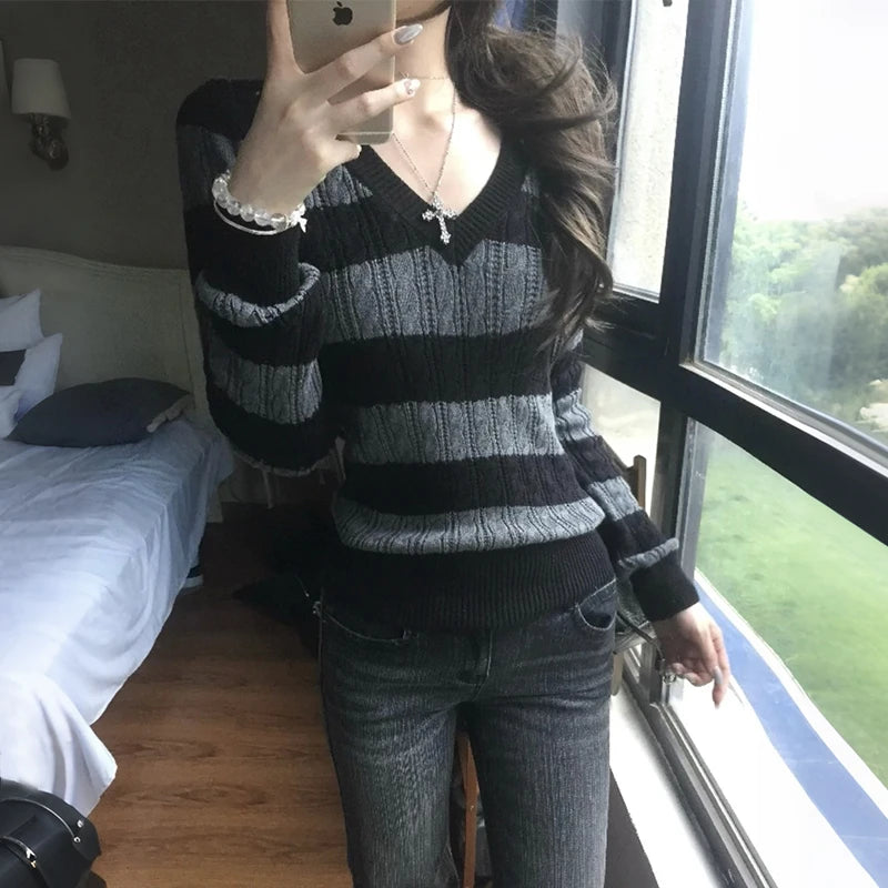 Striped V-Neck Knit Sweater