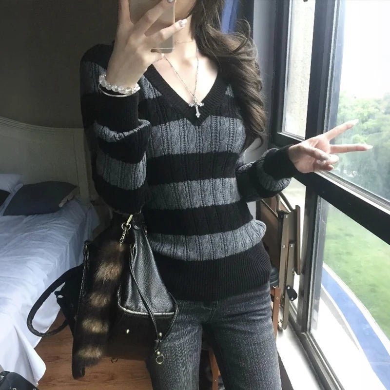 Striped V-Neck Knit Sweater