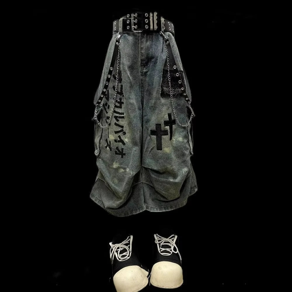 Cross Print Denim Jorts