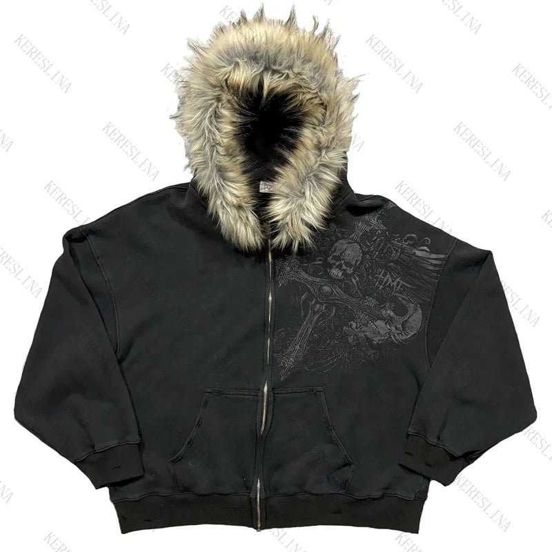 Faux Fur Collar Zip Jacket