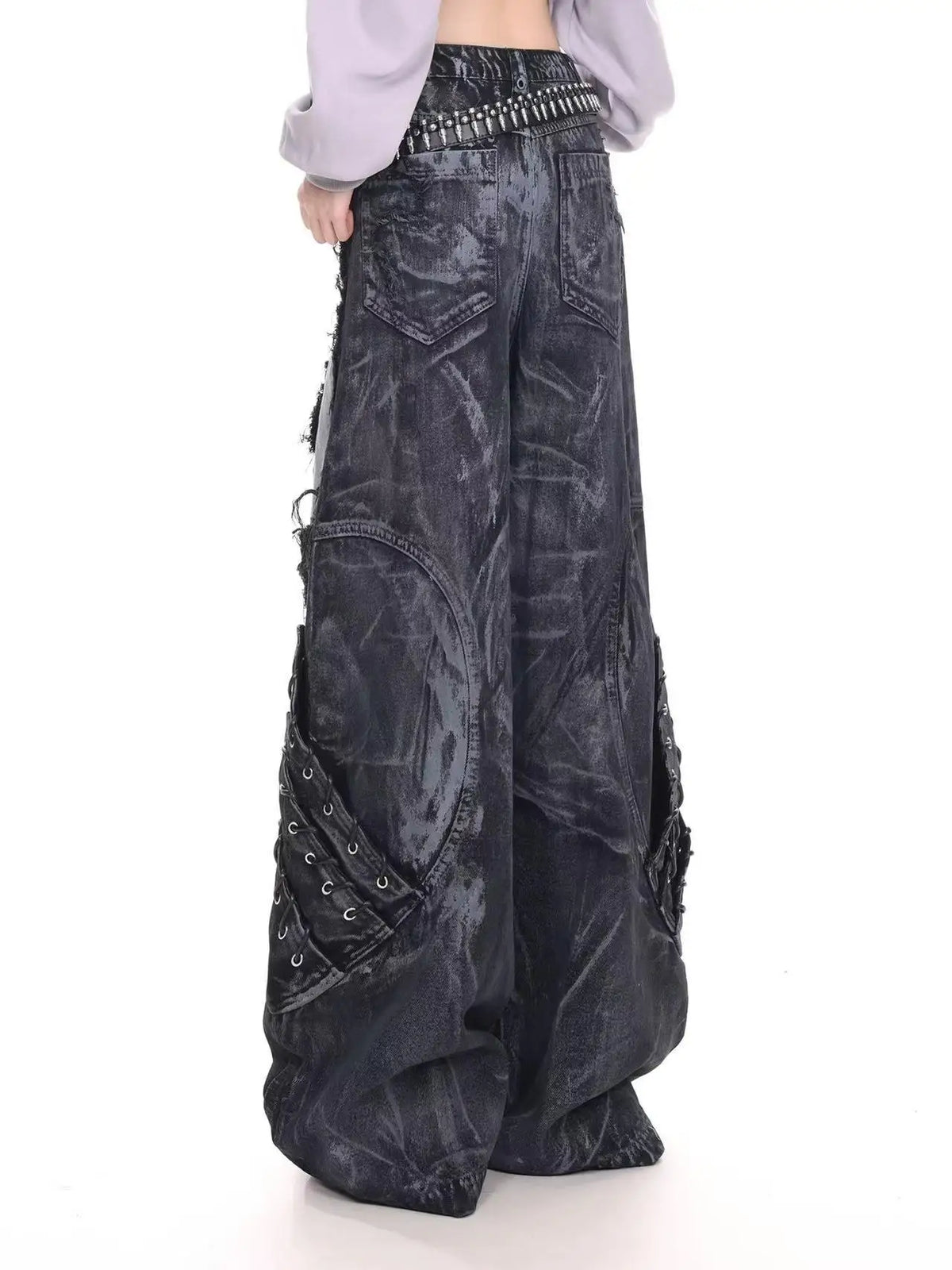 Washed Patchwork Wide-Leg Jeans