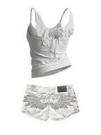 Wing Embroidered Denim Shorts