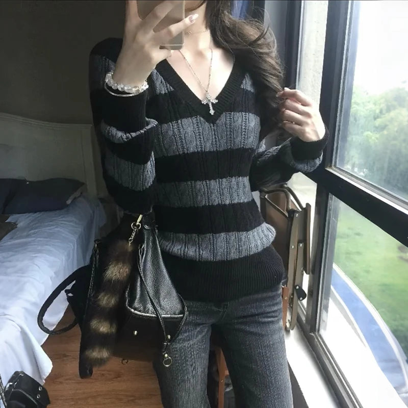Striped V-Neck Knit Sweater