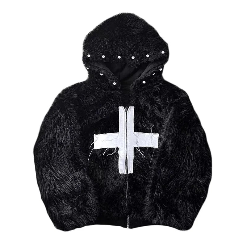 Faux Fur Cross Hooded Coat