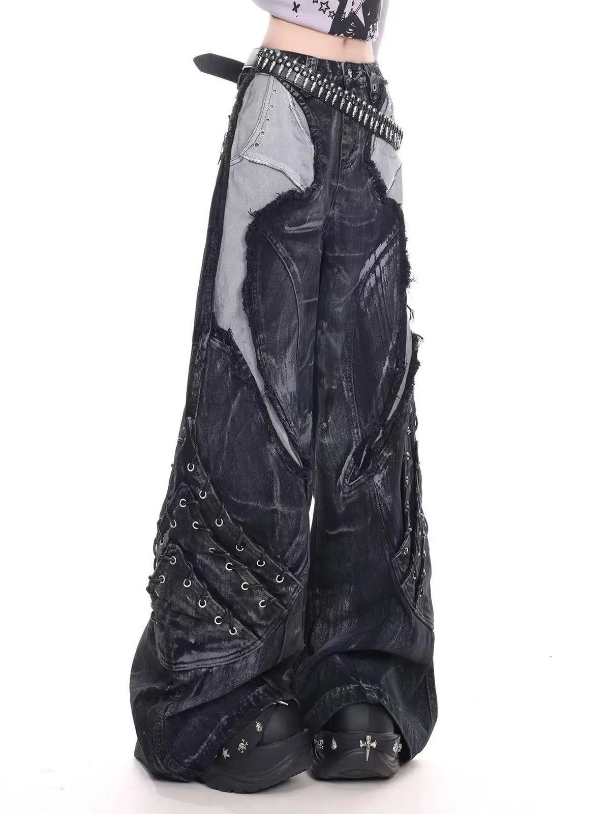 Washed Patchwork Wide-Leg Jeans