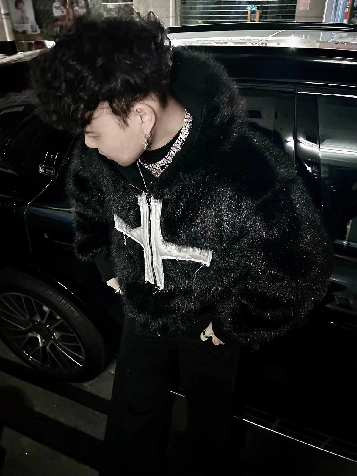 Faux Fur Cross Hooded Coat