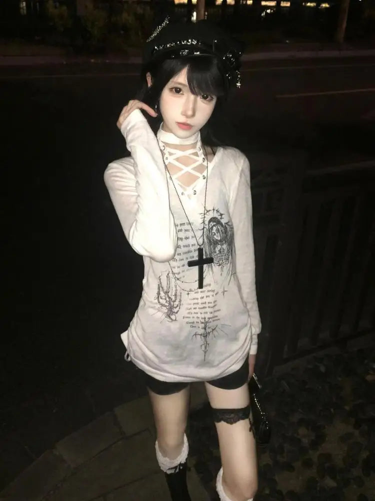 Lace-Up Print Long Sleeve Top