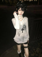 Lace-Up Print Long Sleeve Top
