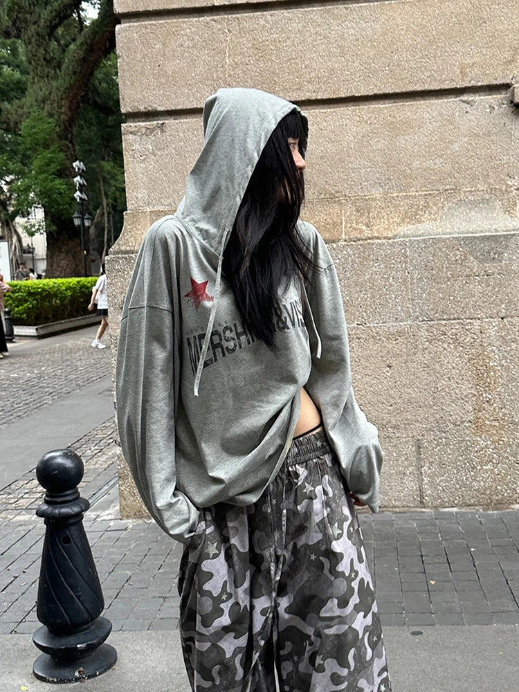 Grey Hooded Long Sleeve Top