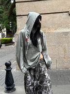 Grey Hooded Long Sleeve Top