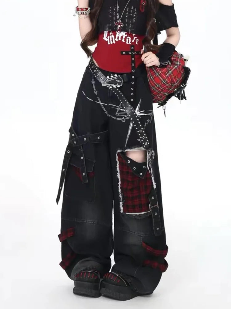 Plaid Patchwork Wide-Leg Pants