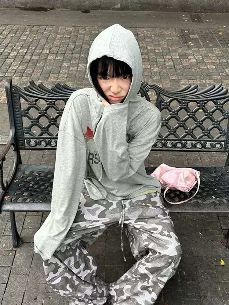 Grey Hooded Long Sleeve Top