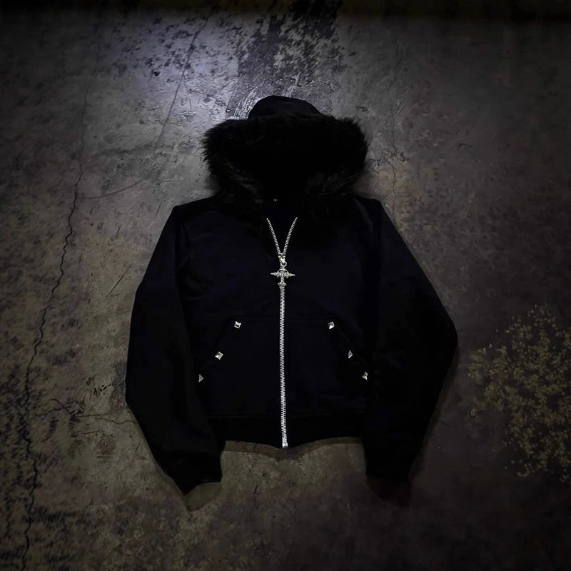 Faux Fur Collar Zip Jacket