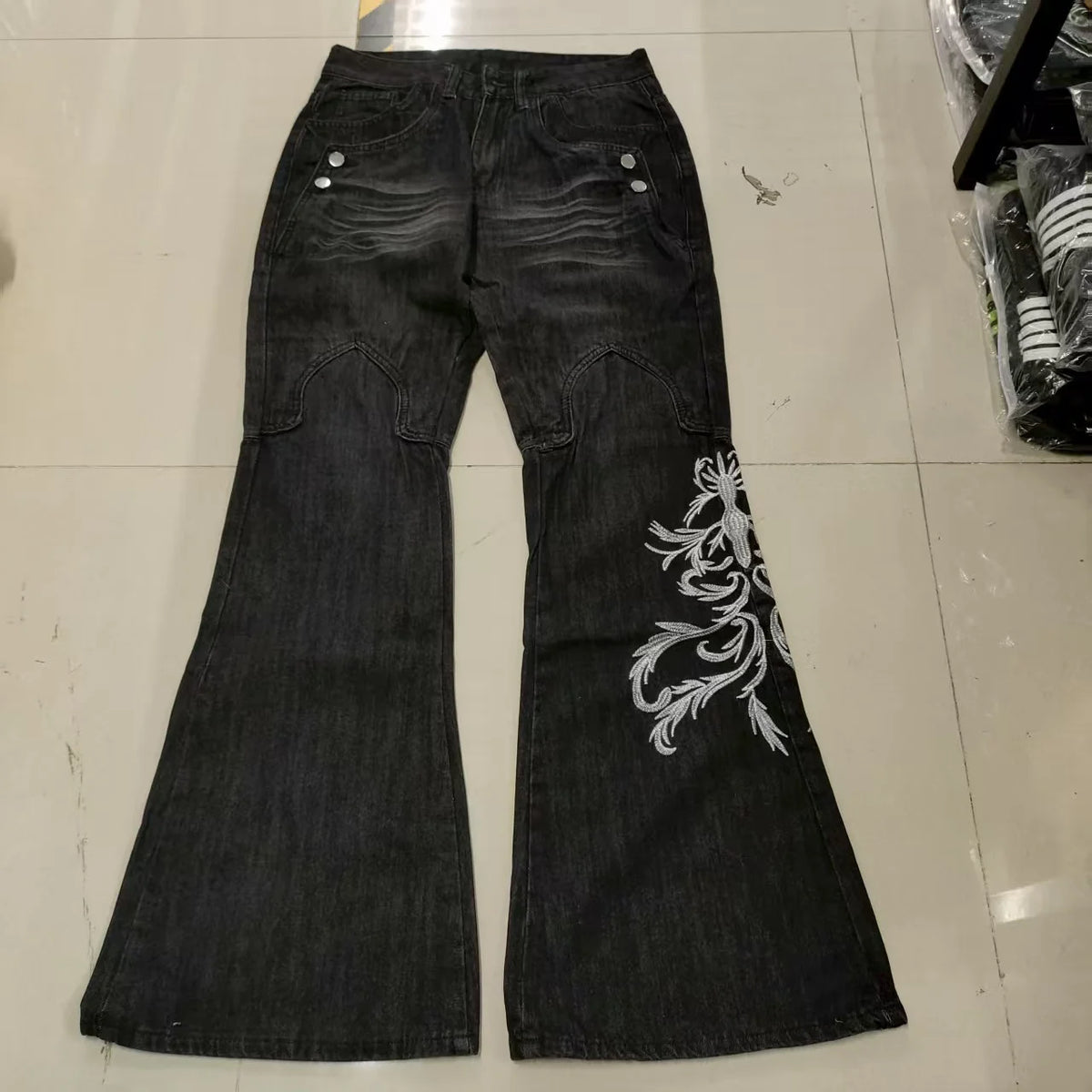 Dragon Embroidered Flare Jeans