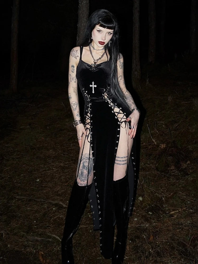 Velvet Lace-Up Maxi Dress