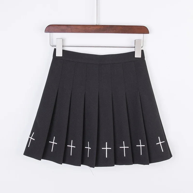 Cross Print Pleated Mini Skirt