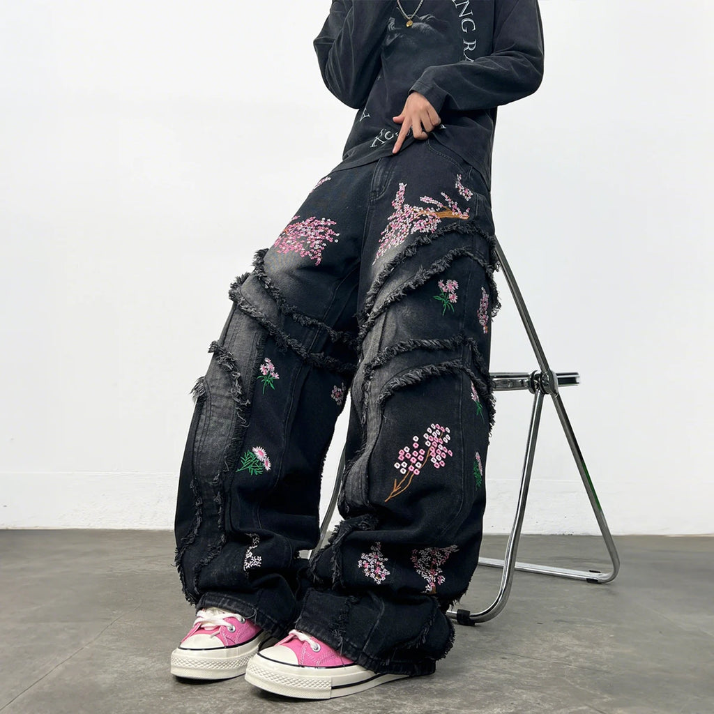 Floral Embroidered Baggy Jeans