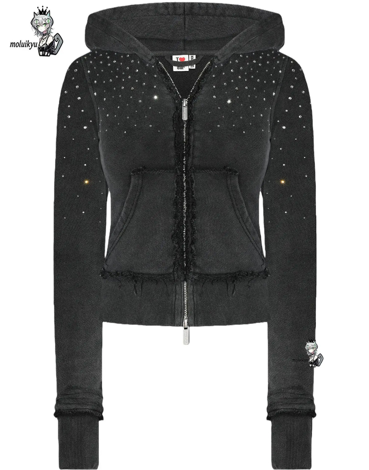 Rhinestone Cropped Zip-Up Hoodie