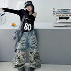 Camo Ripped Wide-Leg Jeans