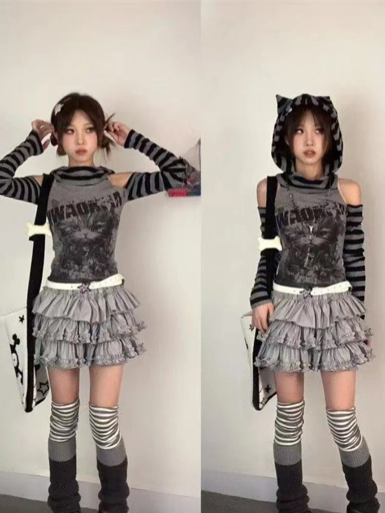 Striped Cat Print Hoodie